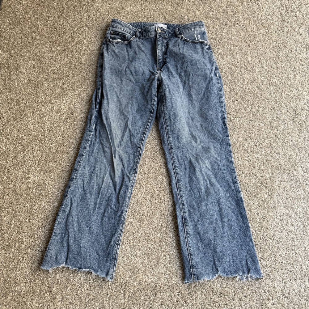LOFT Curvy High Waist Straight Crop Jeans Womens 8 Medium Wash Distressed Denim